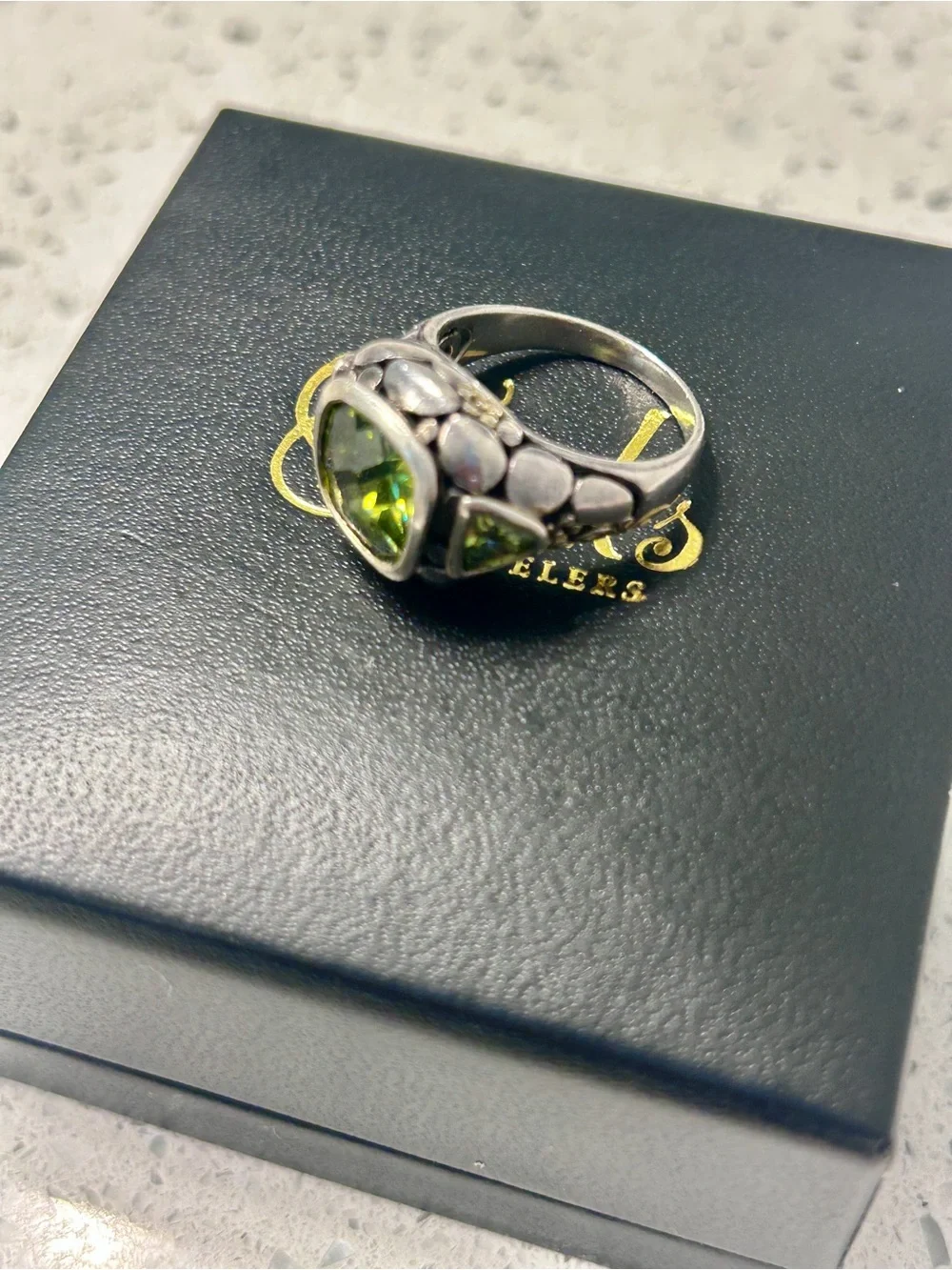 Designer Inspired 925-Stamped Faceted Peridot-Style Silver Ring, size 8.5-9